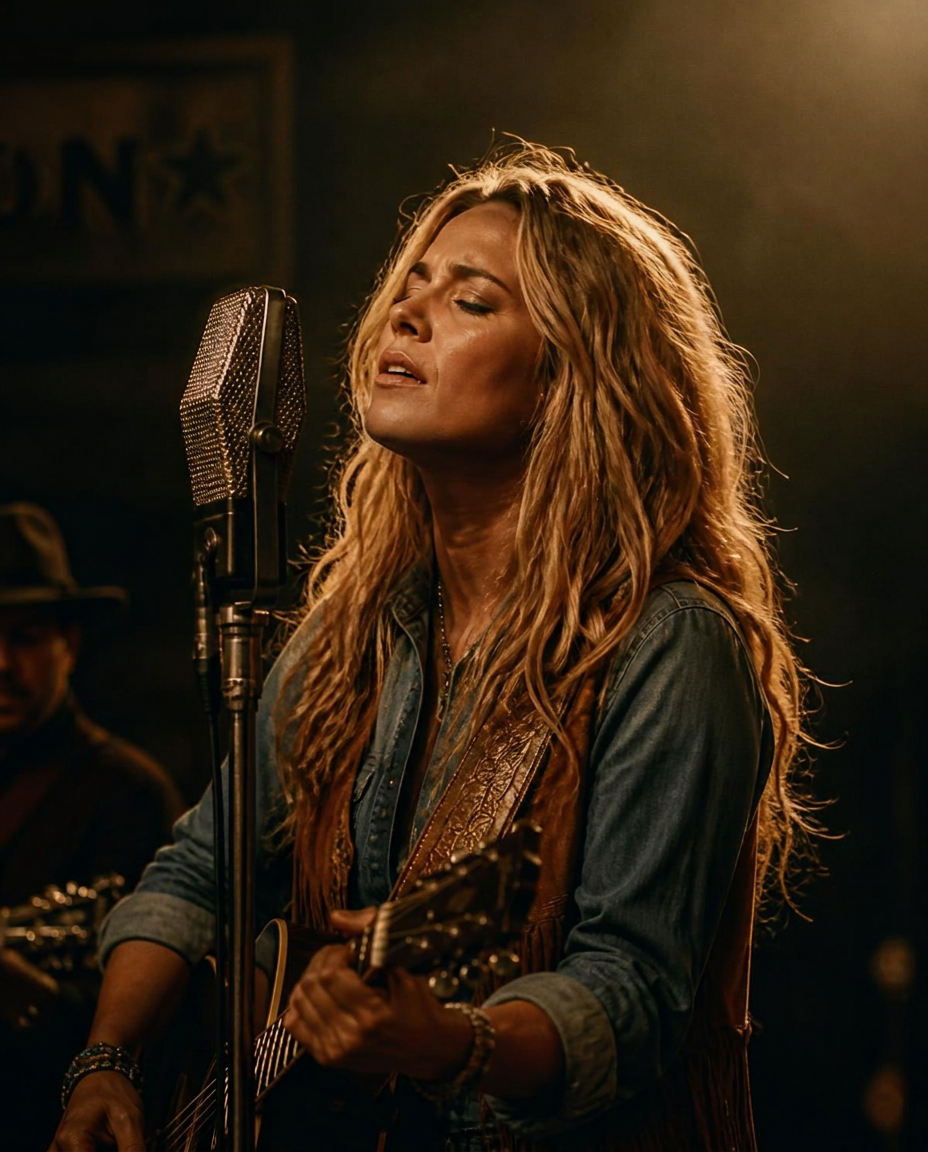 Young country singer performing at a vintage ribbon microphone