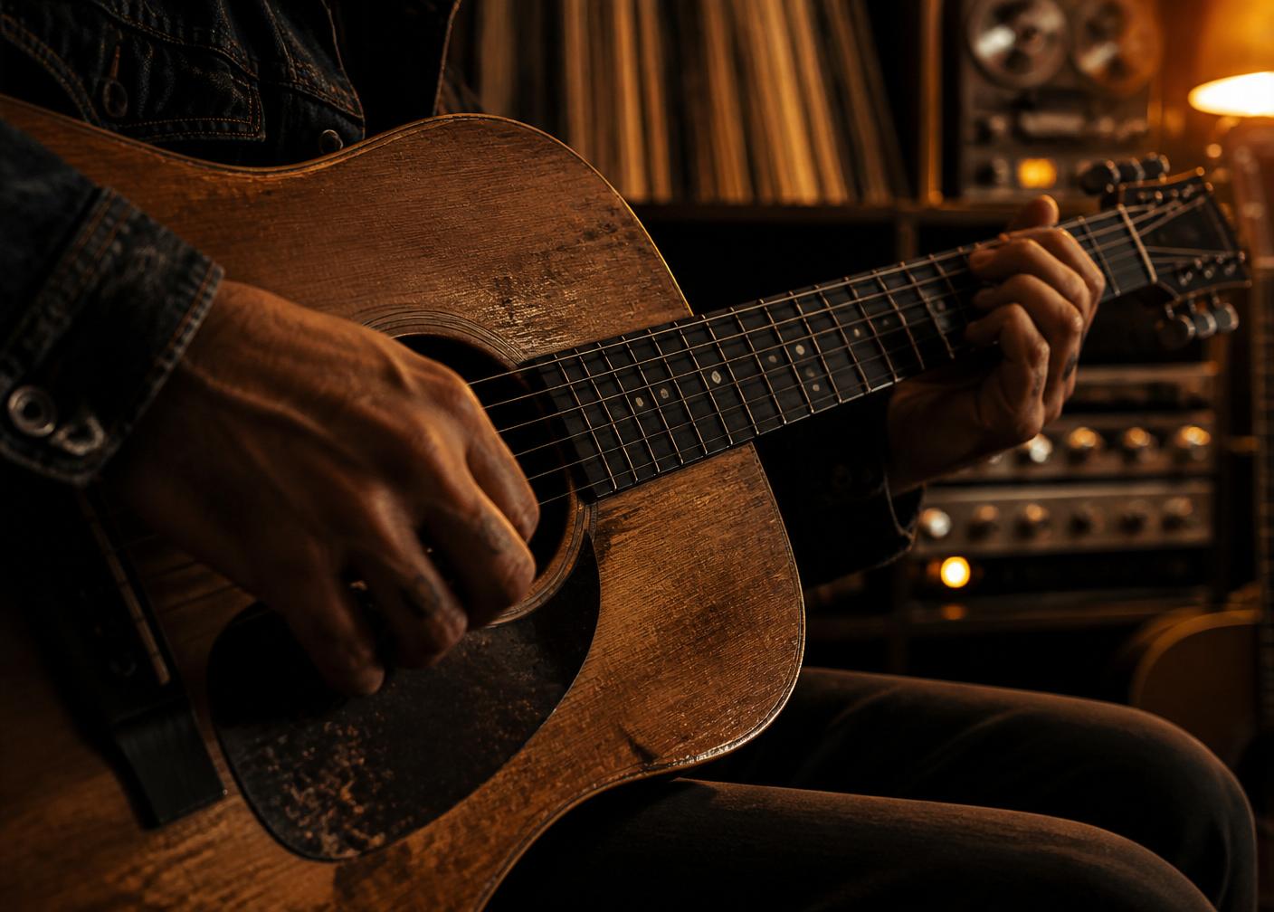 Hands playing an acoustic guitar in a warm studio